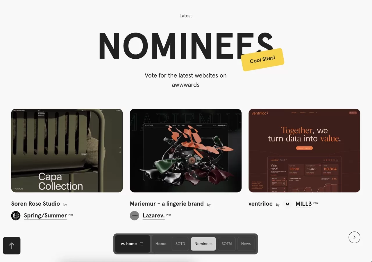 Capture d'écran de la page Nominees Awwwards, l'un des sites d'inspiration de design