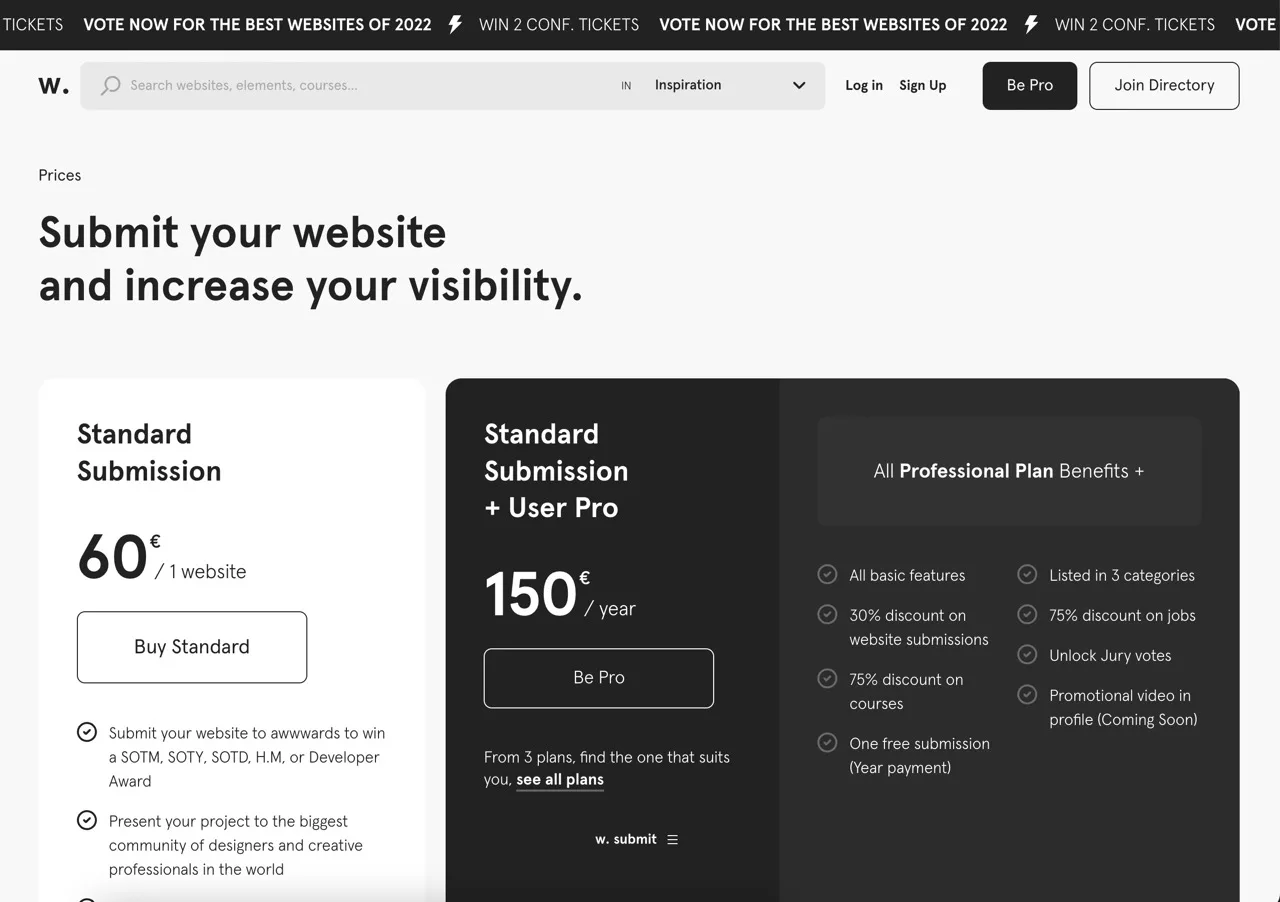 Capture d'écran de la page Pricing Awwwards, l'un des sites d'inspiration de design