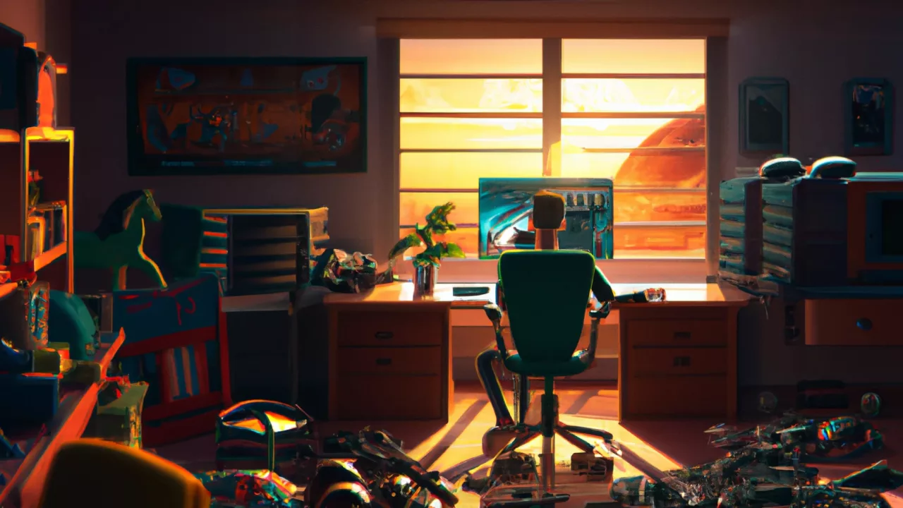 Illustration d'un homme sur son ordinateur face à un coucher de soleil