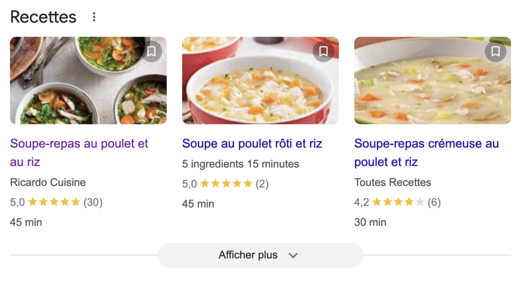 Capture d'écran d'un résultat enrichi Google pour la recherche « Soupe-repas au poulet et au riz »