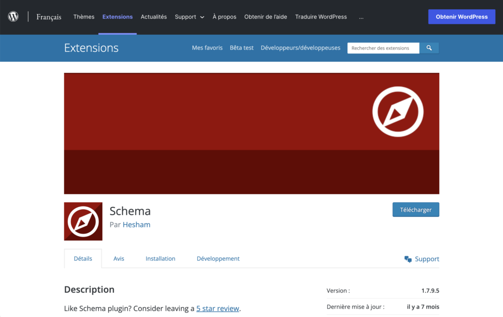 Capture d'écran de l'extension Schema disponible sur WordPress